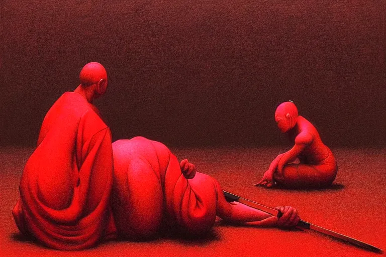 Image similar to only with red, a red samurai do seppuku, tokio, a lot of frogs watch, in the style of beksinski, parts by edward hopper, parts by rodcenko, parts by yue minjun, intricate and epic composition, red by caravaggio, insanely quality, highly detailed, masterpiece, red light, artstation, 4 k