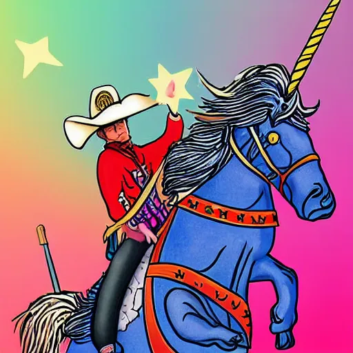 Image similar to Trump dressed as a cowboy riding a unicorn into a medieval battle against Nancy Pelosi, Digital Art