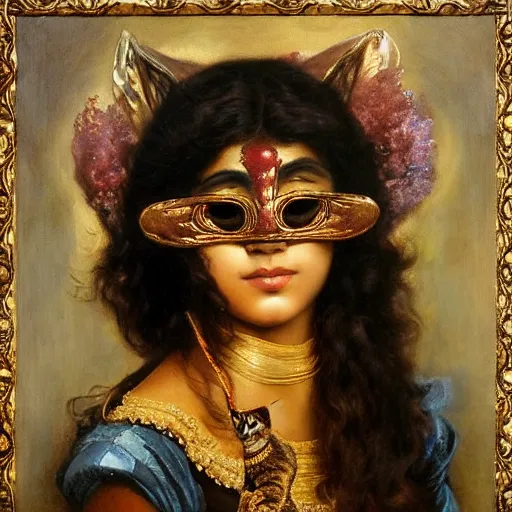 Image similar to detailed potrait 8 0 s srilankan girl with cat woman mask in baroque painting, girl graceful,, painting by gaston bussiere, craig mullins, j. c. leyendecker, lights, art by ernst haeckel, john william godward, hammershøi,,