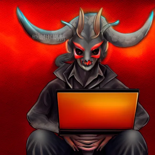 Prompt: a demon programmer gentleman ~ using a laptop ~ lava background ~ digital art ~ two horns ~