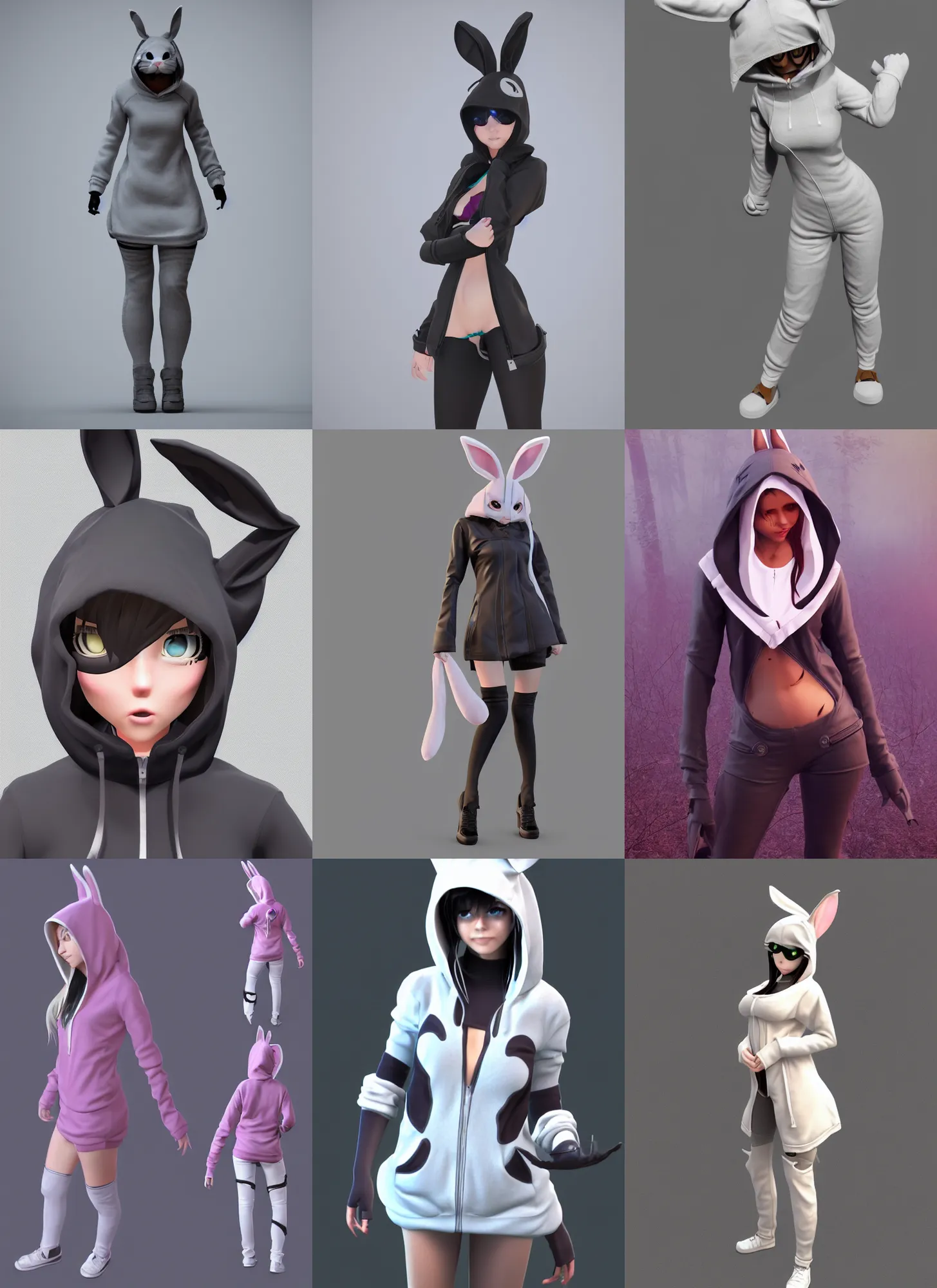 Prompt: vrchat, secondlife, imvu, 3 d model of a girl in a bunny hoodie, hq render, detailed textures, artstationhd, booth. pm, highly detailed attributes and atmosphere, dim volumetric cinematic lighting, hd, unity unreal engine