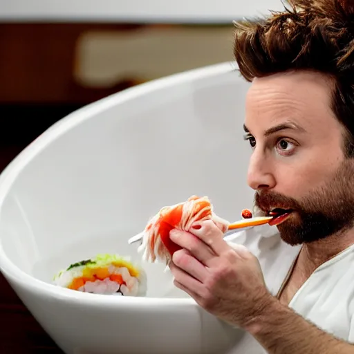 Image similar to Charlie Day eating sushi out of a white toilet bowl with chopsticks, 8k, photo realistic