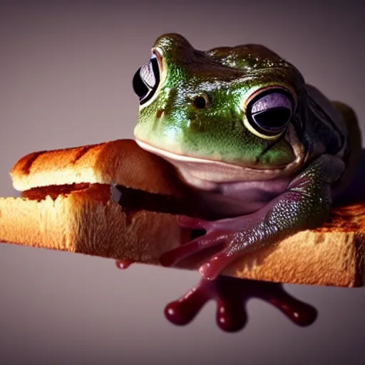 Prompt: hyperrealistic film still of a cute frog eating toast stunning 3 d render, inspired by istvan sandorfi & greg rutkowski & unreal engine, perfect facial symmetry, dim volumetric cinematic lighting, 8 k octane comprehensive render, extremely hyper - detailed, incredibly lifelike attributes, intricate, real flesh texture, masterpiece, artstation, stunning,