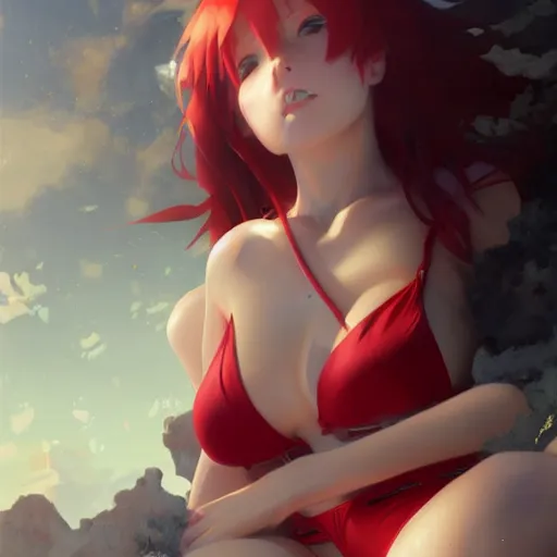 Prompt: red haired anime girl in a bikini, ultra detailed, very beautiful face, 8 k resolution, by greg rutkowski, wlop, hayao miyazaki