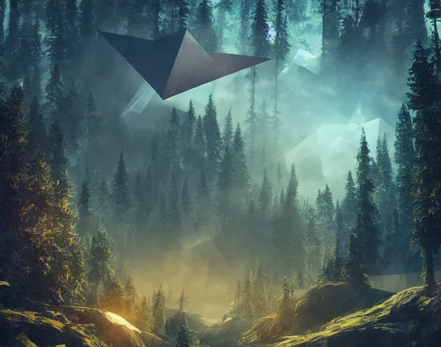 Image similar to flying geometric bringing triangle in center, forest, beautiful graphics, fantasy artwork, very beautiful scenery, hd, hdr, ue 5, ue 6, unreal engine 5, cinematic 4 k wallpaper, 8 k, ultra detailed, by popular digital, details, beautiful image ever created, high resolution, artstation, award winning