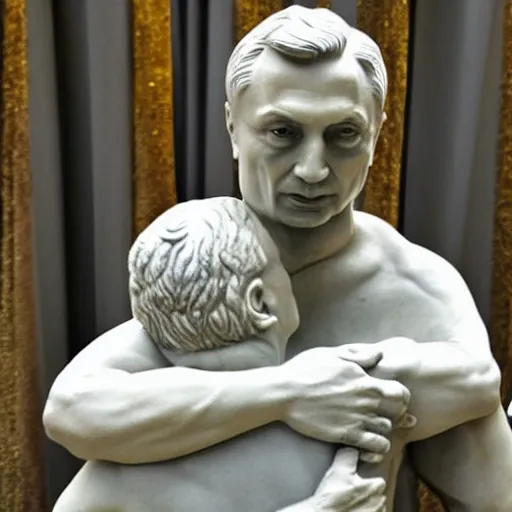 Prompt: marble statue of viktor orban and vladimir putin hugging