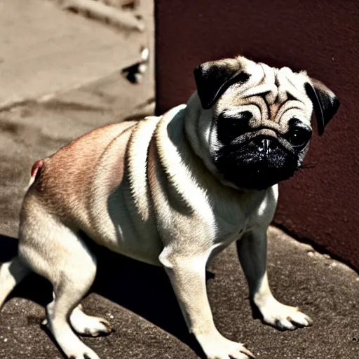 Image similar to photograph of a pug wearing a leather jacket smoking a cigarette