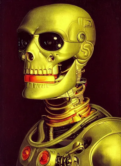 Image similar to a portrait of the Terminator by Jan van Eyck