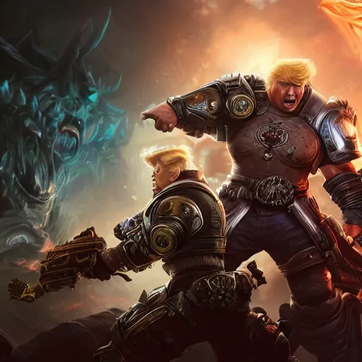 Image similar to Portrait of Trump, League of Legends amazing splashscreen artwork, Gears of War, splash art,natural light, elegant, photorealistic facial features, intricate, fantasy, detailed face, atmospheric lighting, anamorphic lens flare, cinematic lighting, league of legends splash art, hd wallpaper, ultra high details by Greg rutkowski