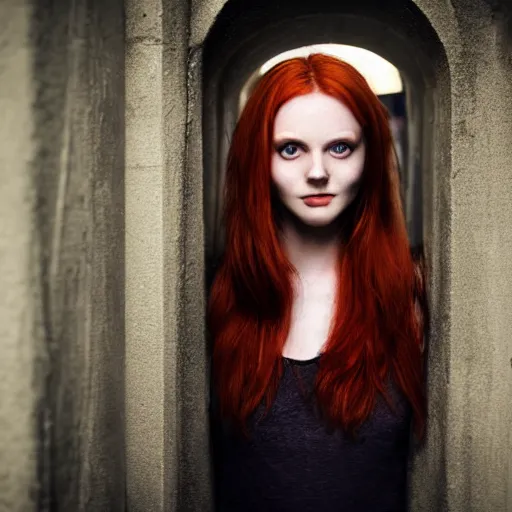 Prompt: beautiful redhead woman with glowing eyes standing in a very very dark alley, staring at the camera and smiling, motionless. Award winning, high resolution, realistic