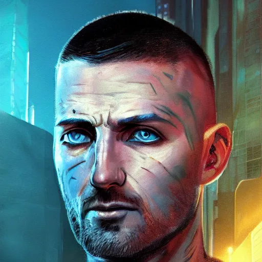 Image similar to cyberpunk, armitage, closeup portrait of a stoic ex soldier with a battlescar and light blue eyes, brown buzzcut, cyborg, dramatic light, city background, sunset, dystopian setting, high contrast, sharp, neuromancer, painted by stanley lau, painted by greg rutkowski, painted by stanley artgerm, digital art, trending on artstation