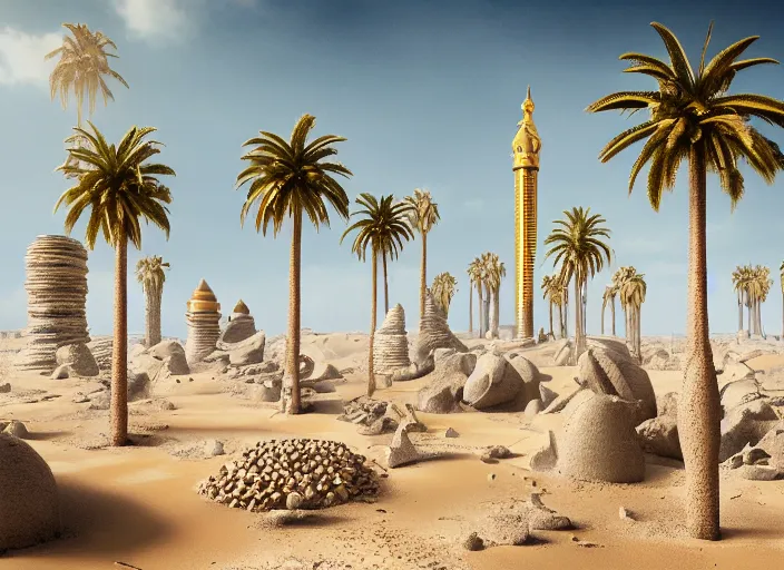 Image similar to cover concept art of the lost sand city, levitating rock piles, golden towers, golden pillars, palm trees, space and time, floating objects, post-processing, in the style of Hugh Ferriss, Behance, Artgerm. High detail, ultra realistic render, octane, 3D, photorealism, symmetric, cinematic from the umbrella academy