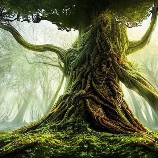 Prompt: world tree, massive tree, tree, roots, treant, subtle patterns, intricate texture, highly detailed, alien world, fungal, underwater, light shafts, light diffusion, natural, fireflies, magical, magical tree, fungal growth, fractal fungus, mushroom fractals, tree house, fairies, fairy forest, machine elves, forest portal, cultists, cult ritual, sacrifice, altar, sacrificial altar, cult of death, surreal