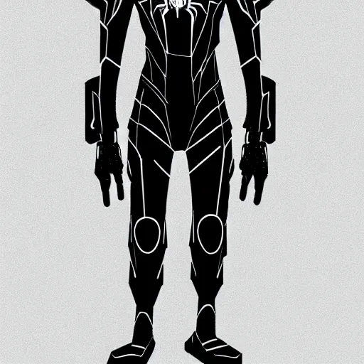 Image similar to all black futuristic depiction of an armored cyberpunk spiderman, futuristic style spiderman, cyberpunk, comic book art