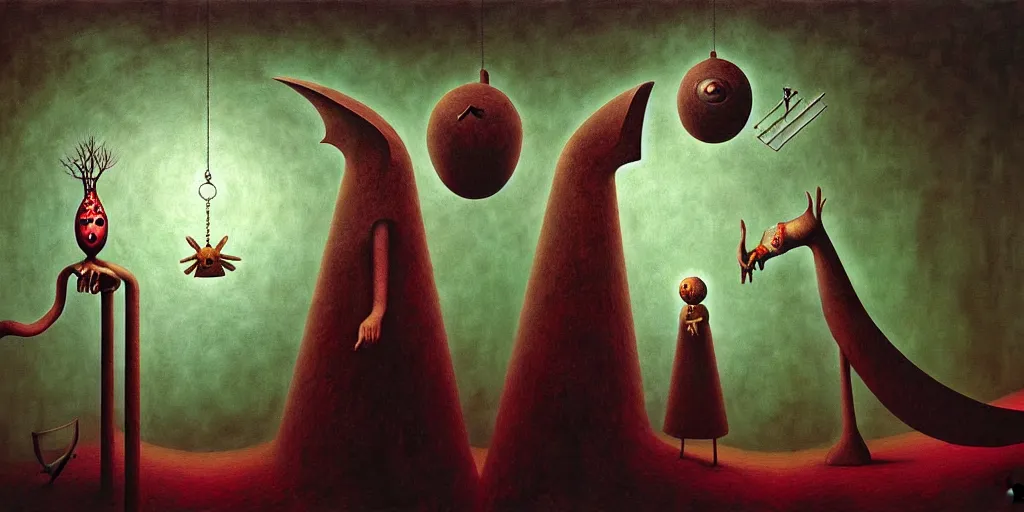 Prompt: trapped on the hedonic treadmill, dark surreal painting by ronny khalil, shaun tan, and leonora carrington