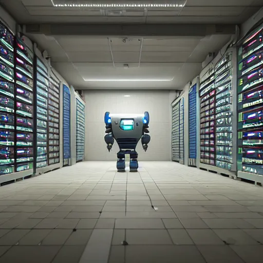 Prompt: a digital art of robot power armor in server room by simon stalenhag character design, robot in data center, trending on artstation, 8 k, ultra wide angle, zenith view, pincushion lens effect