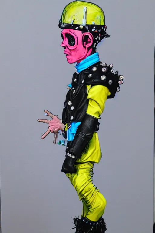 Image similar to a male character wearing a diy! costume dress, punk, with fluo colored details and a transparent helmet, full body, muted colors, vivienne westwood, nausicaa, hyper real acrylic painting