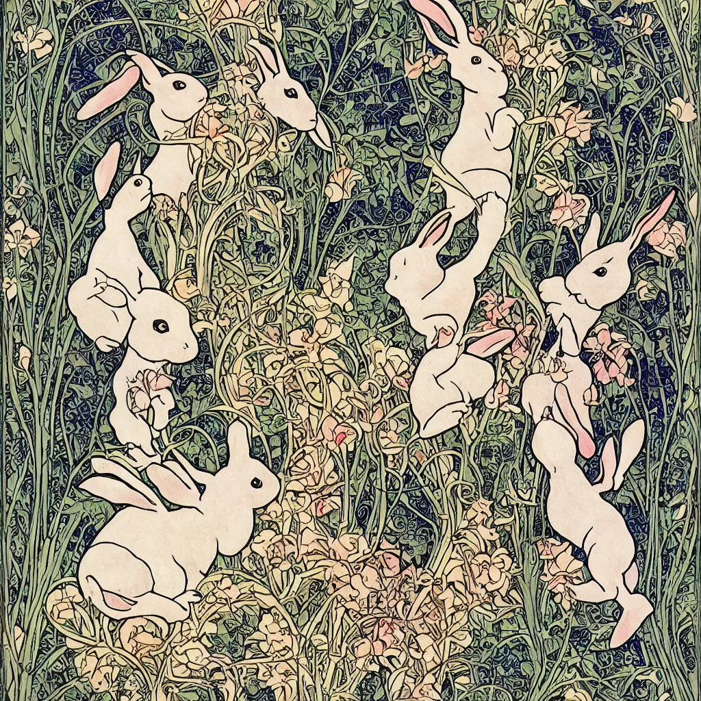 Prompt: Two rabbits playing chess in the art nouveau style