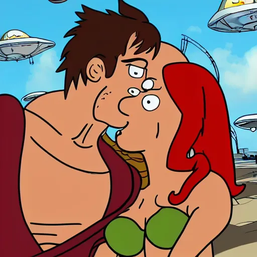 Image similar to leela and fry from futurama wildly kissing in the planet express ship, trending on artstation