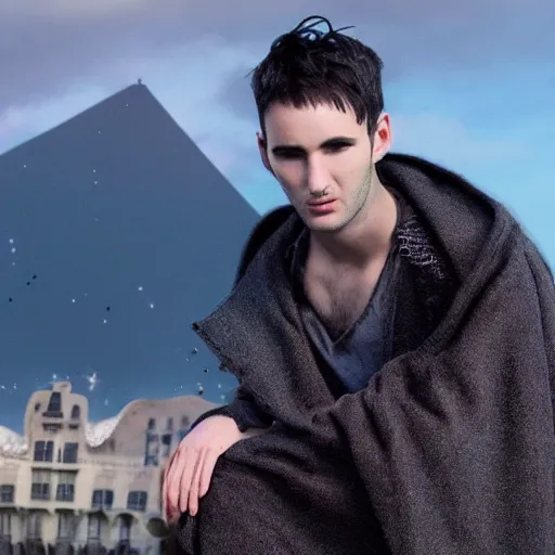 Prompt: portrait of the sandman morpheus ， no beard tom sturridge, and eyes like stars, rules dream world, with dream kingdom in the background,, wearing dark cloak