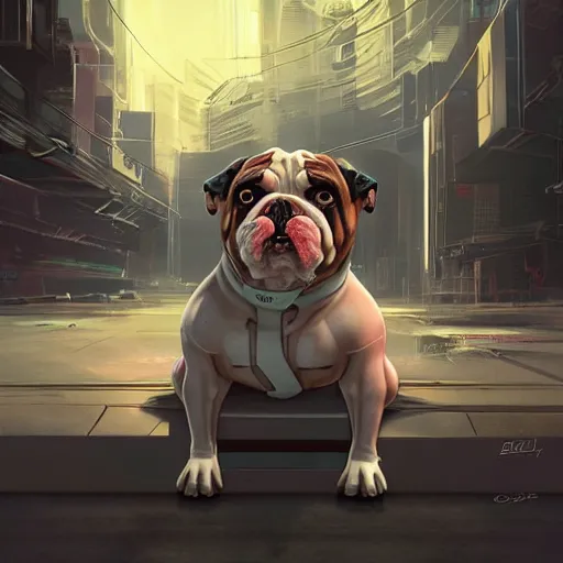 Image similar to « a 2 d cartoon cyborg bulldog sitting down, cyberpunk digital art by greg rutkowsky, cgsociety, 2 d art, cartoon, future tech, sketchfab »