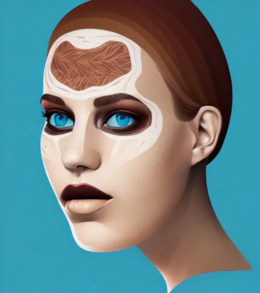 Image similar to portrait of a woman raised on the island face tatooes by james gilleard, dynamic lighting, gradient light blue, brown, blonde cream and white color scheme, grunge aesthetic