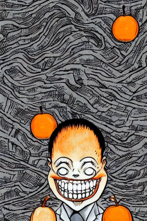 Image similar to junji ito illustration of a businessman with an orange fruit for a head