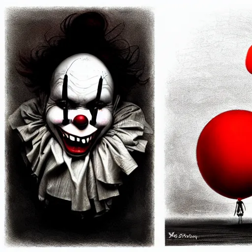 Image similar to surrealism grunge cartoon portrait sketch of a scarecrow with a wide smile and a red balloon by - michael karcz, loony toons style, pennywise style, horror theme, detailed, elegant, intricate