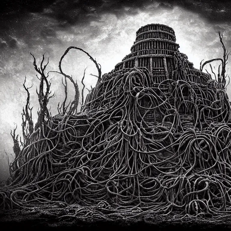 Image similar to still life of ribbed abandoned mayan temple on exoplanet in hell, covered with tentacles, roots, wires, tubes, organic flesh, meat, standing in a desolate empty wasteland, lit by a column of light from flying saucer ufo above, baroque painting, creepy, nightmare, dream-like heavy atmosphere, surreal abandoned buildings, baroque painting, beautiful detailed intricate insanely detailed octane render trending on Artstation, 8K artistic photography, photorealistic, chiaroscuro, Raphael, Caravaggio, Beksinski, Giger