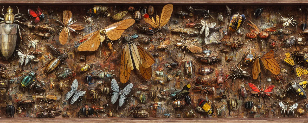 Prompt: a wooden museum display case, giant insects are individually pinned in boxes, beetles spiders butterflies moths wasps bees maggots locusts flies, oil painting by max ernst and anselm kiefer, decay, mixed media, textured, sharp focus, highly detailed, photographic emulsion cracked and peeling, rust, sunflowers, cinematic lighting, 8 k, hd