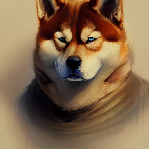 Image similar to Portrait of Shiba Inu, D&D, blue eyes, fantasy, intricate, elegant, highly detailed, digital painting, artstation, concept art, smooth, sharp focus, illustration, art by artgerm and greg rutkowski and alphonse mucha