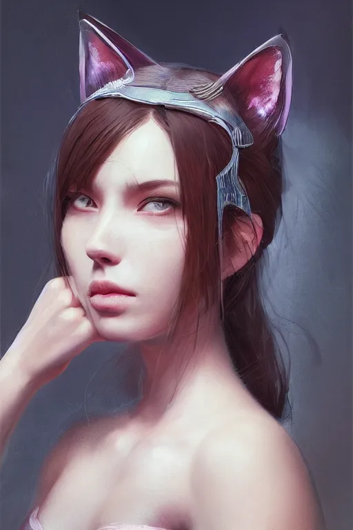 Image similar to A fancy portrait of an attractive women wearing cat ears by Greg Rutkowski, beeple, Sung Choi, Mitchell Mohrhauser, Maciej Kuciara, Johnson Ting, Maxim Verehin, Peter Konig, final fantasy, macro lens , 8k photorealistic, cinematic lighting, HD, high details, dramatic, dark atmosphere, trending on artstation