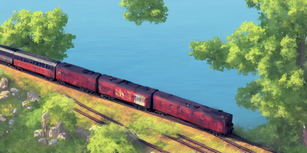 Prompt: a soviet suburban train moving on top of a lake, ultra high quality, 4 k, by miyazaki and makoto shinkai, anime screenshot, colorful, artstation, pixiv,