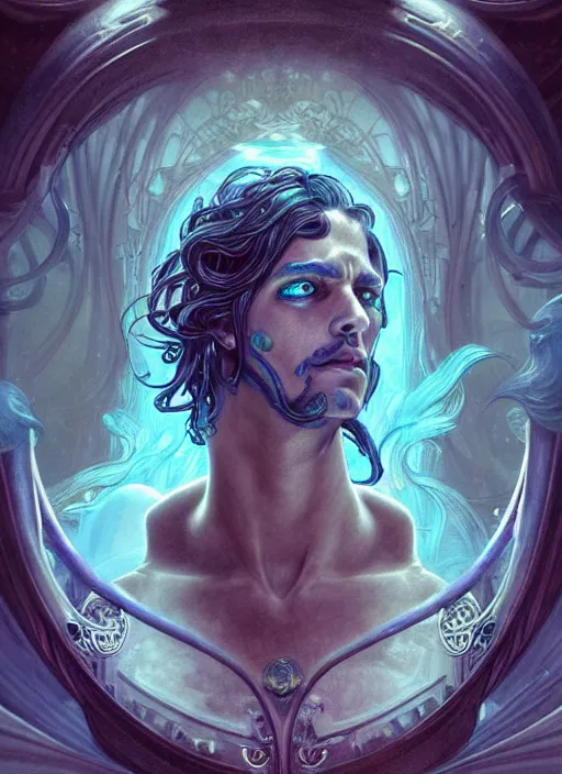 Prompt: the god poseidon, water hair, glowing eyes, volumetric lights, blue and cyan scheme, art nouveau botanicals, gothic, intricate, highly detailed, digital painting, artstation, concept art, smooth, sharp focus, symmetric face, illustration, steampunk, art by artgerm and greg rutkowski and alphonse mucha