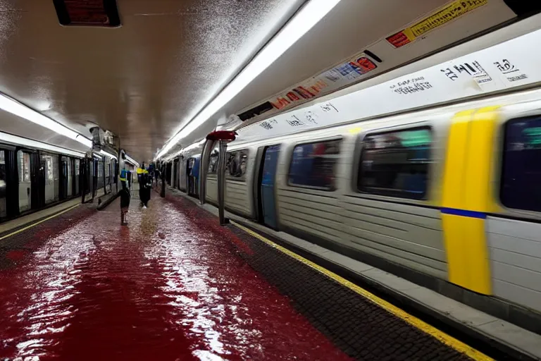 Prompt: London Underground fully submerged in blood, abandoned