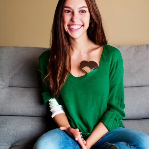 Prompt: Photograph of a cute young woman smiling, long shiny bronze brown hair, heart-shaped face, emerald green eyes, medium skin tone, light cute freckles, smiling softly, wearing casual clothing, relaxing on a modern couch, interior lighting, cozy living room background, medium shot, mid-shot, soft focus, 4k, professional photography, Portra 400