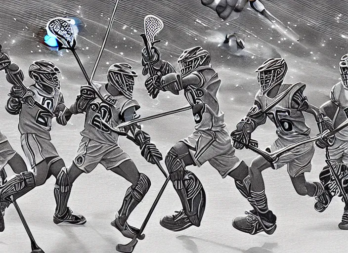 Image similar to lacrosse team playing chitauri, intergalactic championship, in space, highly detailed, 8k, intricate, engraving