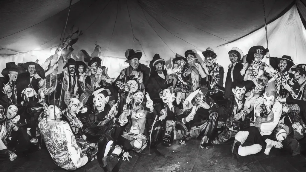 Prompt: a gang of clowns, drinking alcohol, inside a circus tent