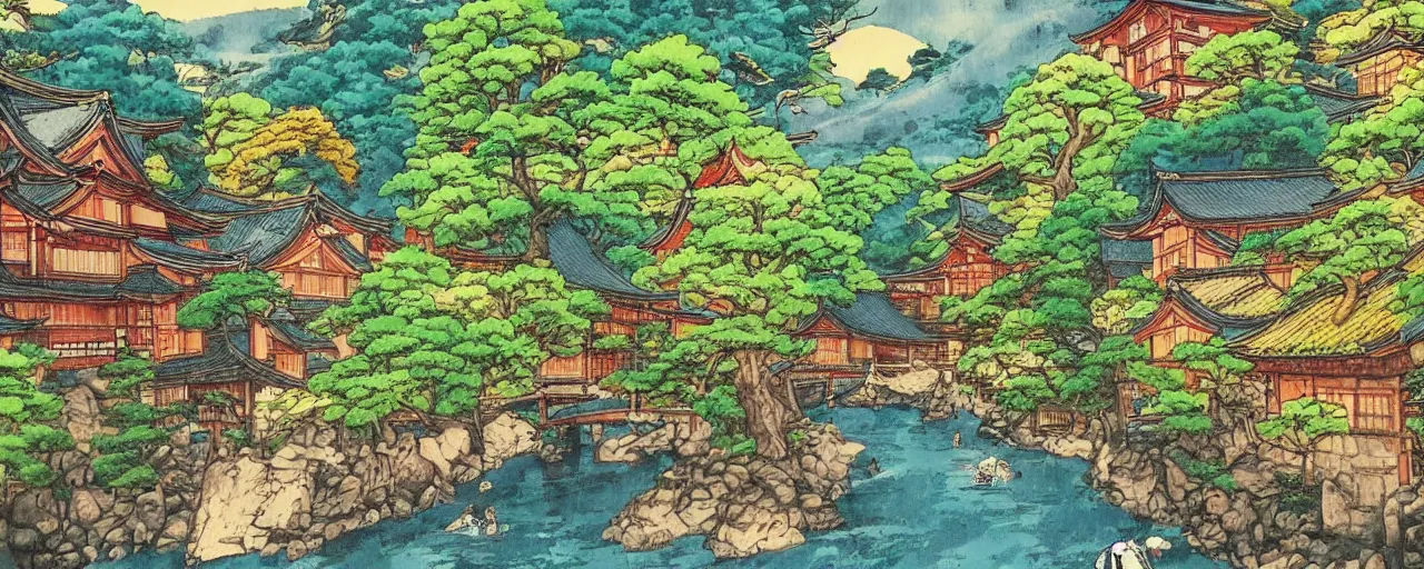 Prompt: a river running through a medieval village, summer, beautiful colors, japanese traditional art, award winning