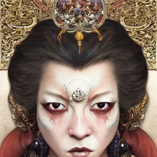 Image similar to portrait, headshot, insanely nice professional hair style, dramatic hair color, digital painting, of a old 17th century, old cyborg merchant, amber jewels, Chinese Three Kingdoms, baroque, ornate clothing, scifi, realistic, hyperdetailed, chiaroscuro, concept art, art by Franz Hals and Jon Foster and Ayami Kojima and Amano and Karol Bak,