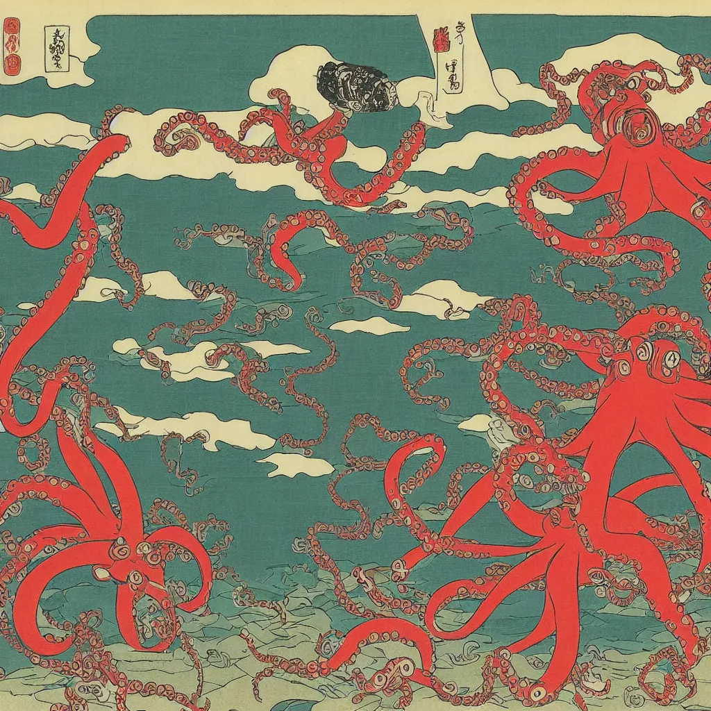 Image similar to Robot!!!! fighting octopus in front of Mt Fuji, cherry blossoms, Ukiyo-e by Utagawa Kuniyoshi