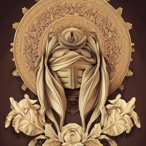 Prompt: beautiful classical holy decorative ornament, sacred mask, acanthus scrolls, rose, lilies, ivy, energy, geometry, bones, petals, stems, ceremonial clouds, fibonacci rhythm, artstation, artgerm, wlop