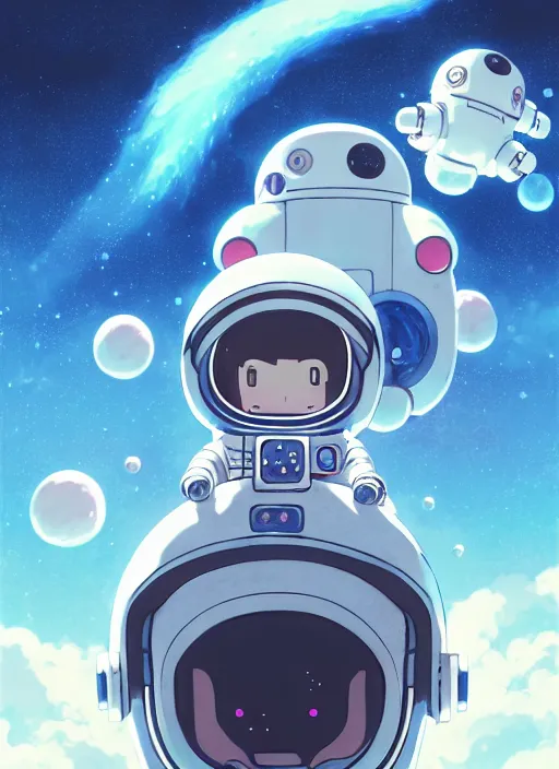 Image similar to portrait of cute kawaii astronaut android floating around a large biomechanical kaiju dragon, nebulous background of dynamic space, a dramatic composition by wlop and greg rutkowski and makoto shinkai and studio ghibli and kyoto animation cute bubbly clothing