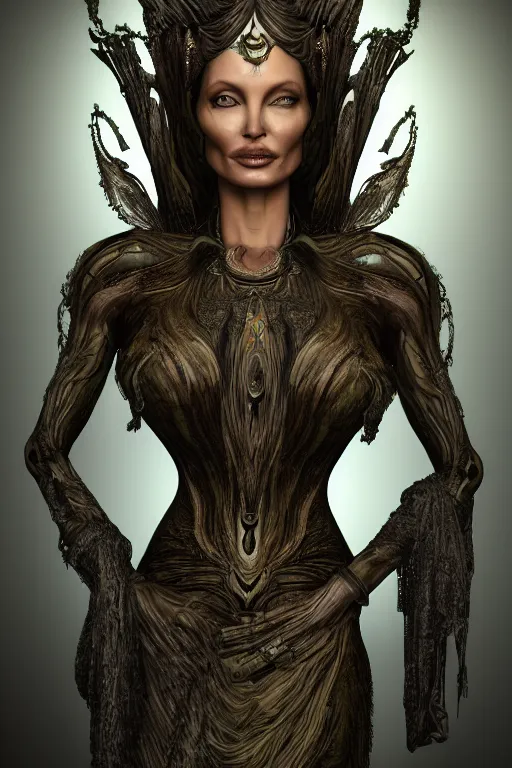 Prompt: a realistic dark photo of a beautiful ancient alien woman goddess angelina jolie kate moss nataraja standing in iris van herpen dress jewelery and fractals in style of alphonse mucha art nuvo dmt trending on artstation made in unreal engine 4