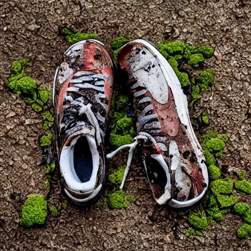 Image similar to a pair of extremely dirty rotten decomposed nike sneakers with worms and beetles on them, disgusting, dirt, mud, moss, trashed, shit