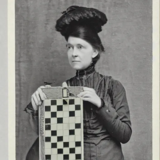 Prompt: An Edwardian woman posing with a chessboard in the style of Tove Jansson