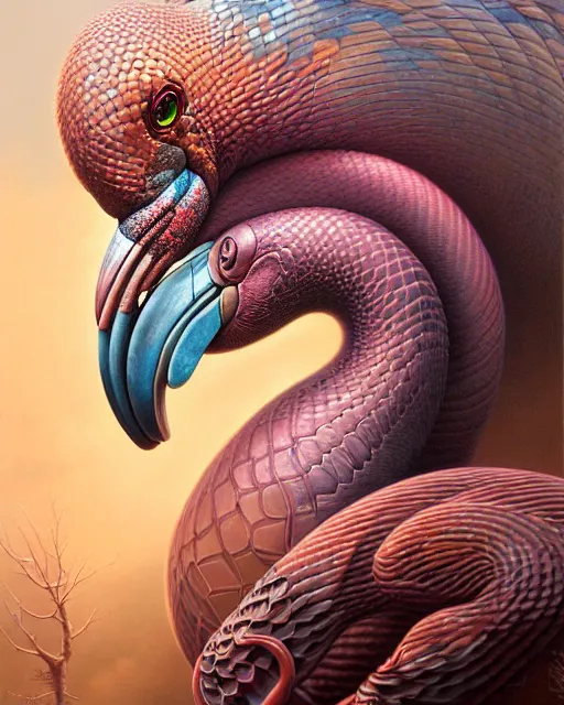 Image similar to a detailed portrait of dreampunk flamingo python hybrid mix by tomasz alen kopera and peter mohrbacher