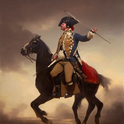 Image similar to a dramatic epic ethereal portrait of a soldier in French revolutionary wars, 18th century, full body with dynamic pose, male, detailed face, cinematic lighting, highly detailed oil on canvas painting by Greg Rutkowski, winning-award digital art trending on Artstation H 1024 W 832