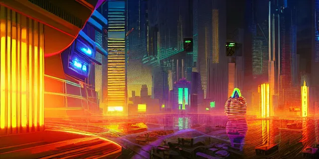 Image similar to glowing cubes, in the middle of a futuristic cyberpunk dubai city, in the art style of dan mumford and marc simonetti, atmospheric lighting, intricate, volumetric lighting, beautiful, sharp focus, ultra detailed