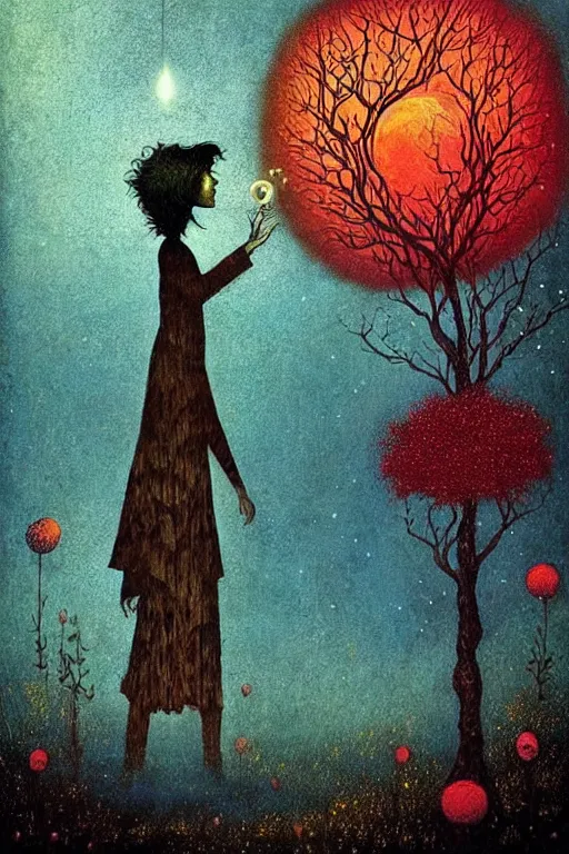 Image similar to surreal neil gaiman's sandman, nostalgia for a fairytale, magic realism, flowerpunk, mysterious, vivid colors, by andy kehoe, amanda clarke